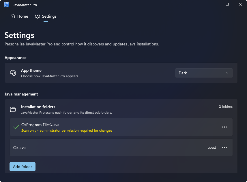 JavaMaster Pro Settings screen in dark theme