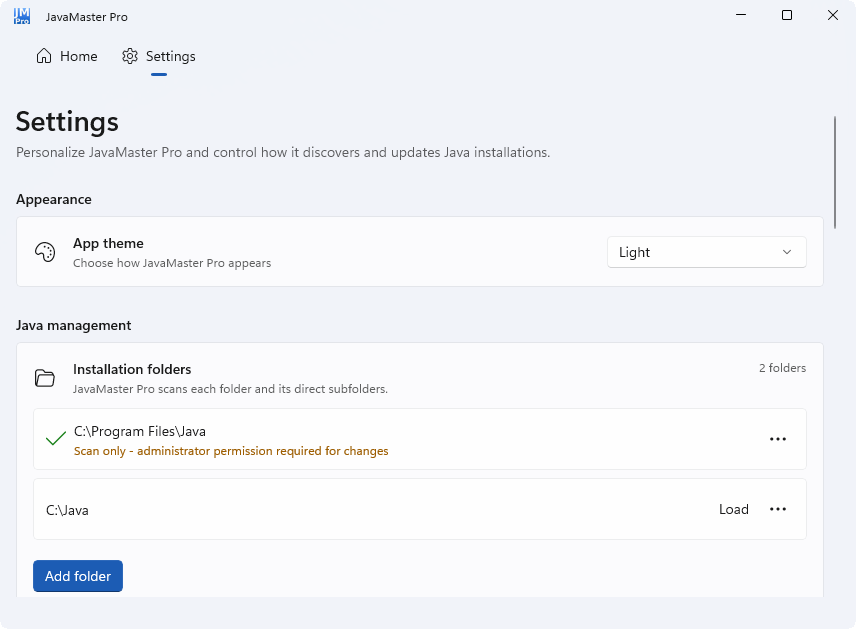JavaMaster Pro Settings screen in light theme